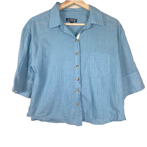 J.Crew Cropped Blue Button-Up Shirt in Washed Voile Size 8 Preppy Lightweight - Picture 1 of 6